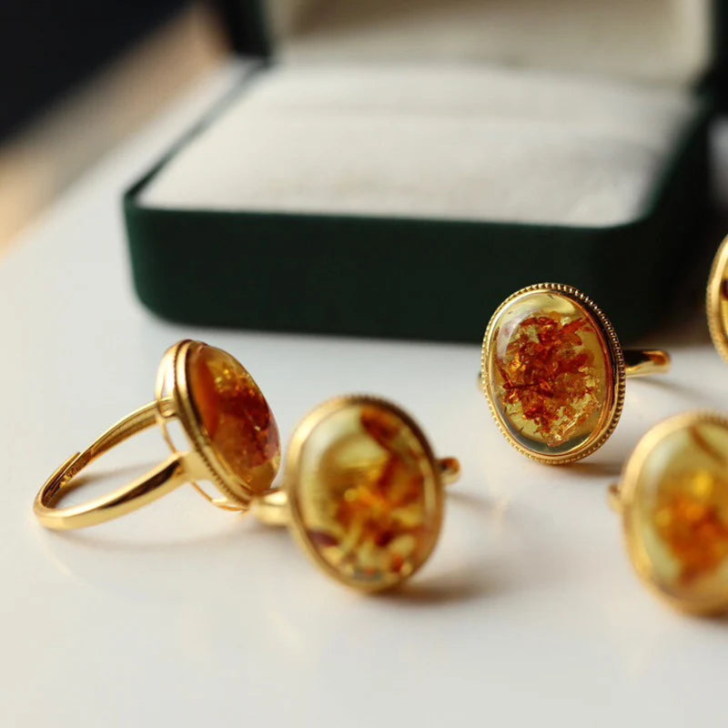 Real Natural Amber Rings Sterling 925 Silver Yellow Gold Gemstone 10*16mm for Women Lady Birthday Wedding Party Jewelry Gift