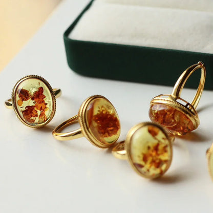 Real Natural Amber Rings Sterling 925 Silver Yellow Gold Gemstone 10*16mm for Women Lady Birthday Wedding Party Jewelry Gift